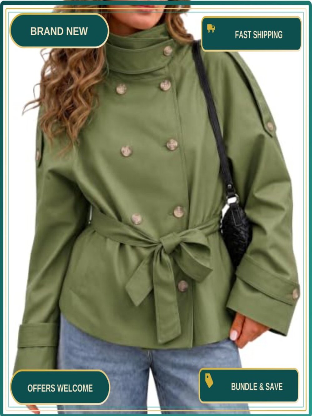 Double Breasted Short Trench Coat Belted Stand Collar Fall Jacket